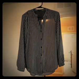 Striped black and white long sleeve work shirt.
